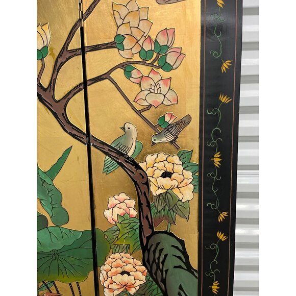 Vintage 1950's Oriental Asian Chinioiserie Gold Coromandel 4 Panel Screen Divide - Picture 2 of 10
